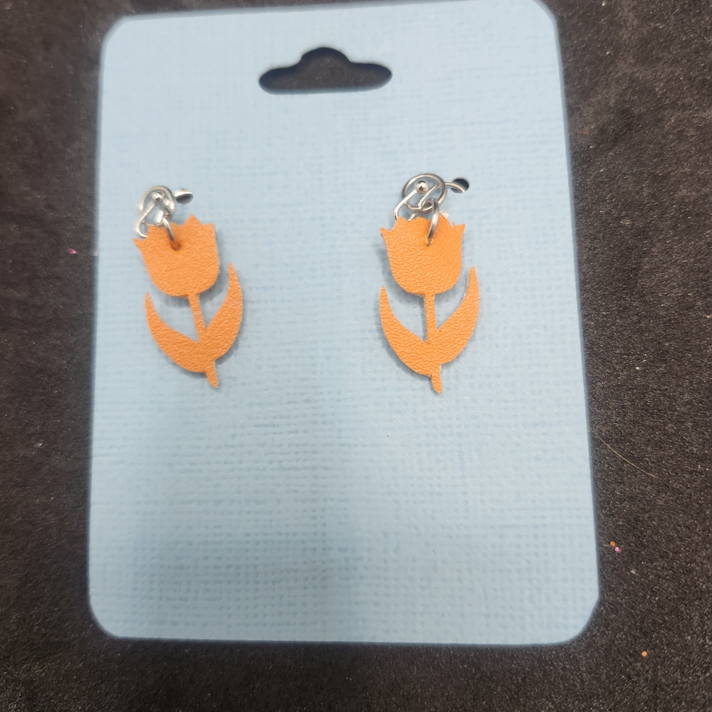 Hand Crafted Faux Leather Dangle Orange Tulip Earrings - Picture 2 of 4